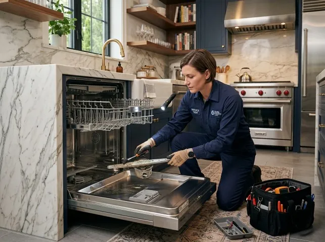Appliance Repair Hero technician servicing a built-in dishwasher in a Aliso Viejo, CA kitchen