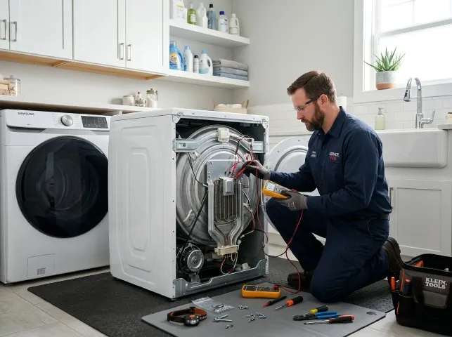 Appliance Repair Hero technician checking a dryer heating element with the rear panel off in Aliso Viejo, CA