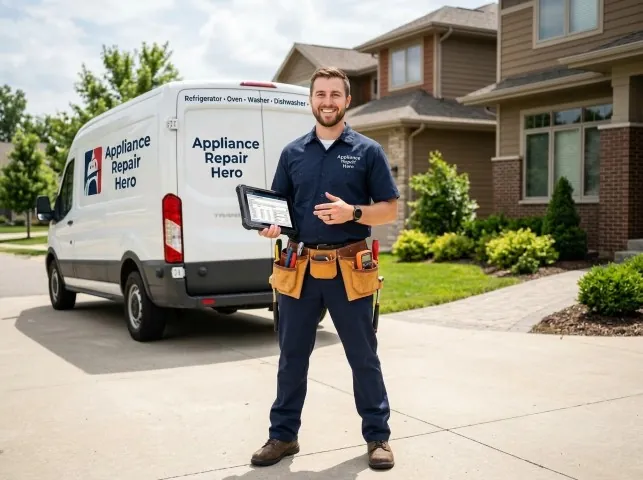 Appliance Repair Hero field service technician with a tablet beside the branded van