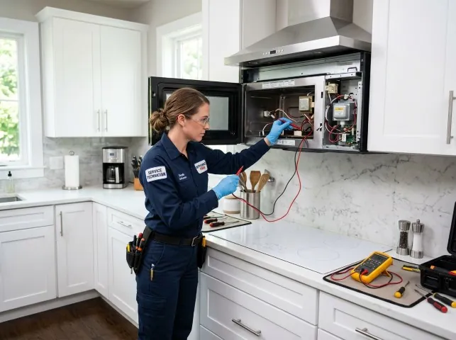 Appliance Repair Hero technician testing an over-the-range microwave in a Aliso Viejo, CA kitchen