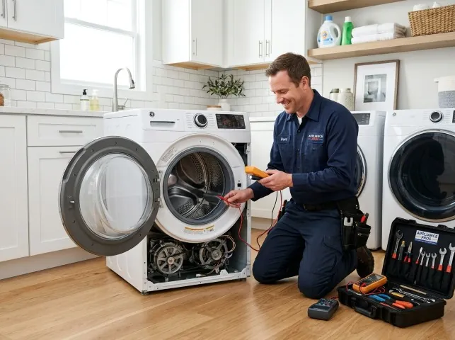 Appliance Repair Hero technician testing a front-load washer with a multimeter on a Aliso Viejo, CA service call